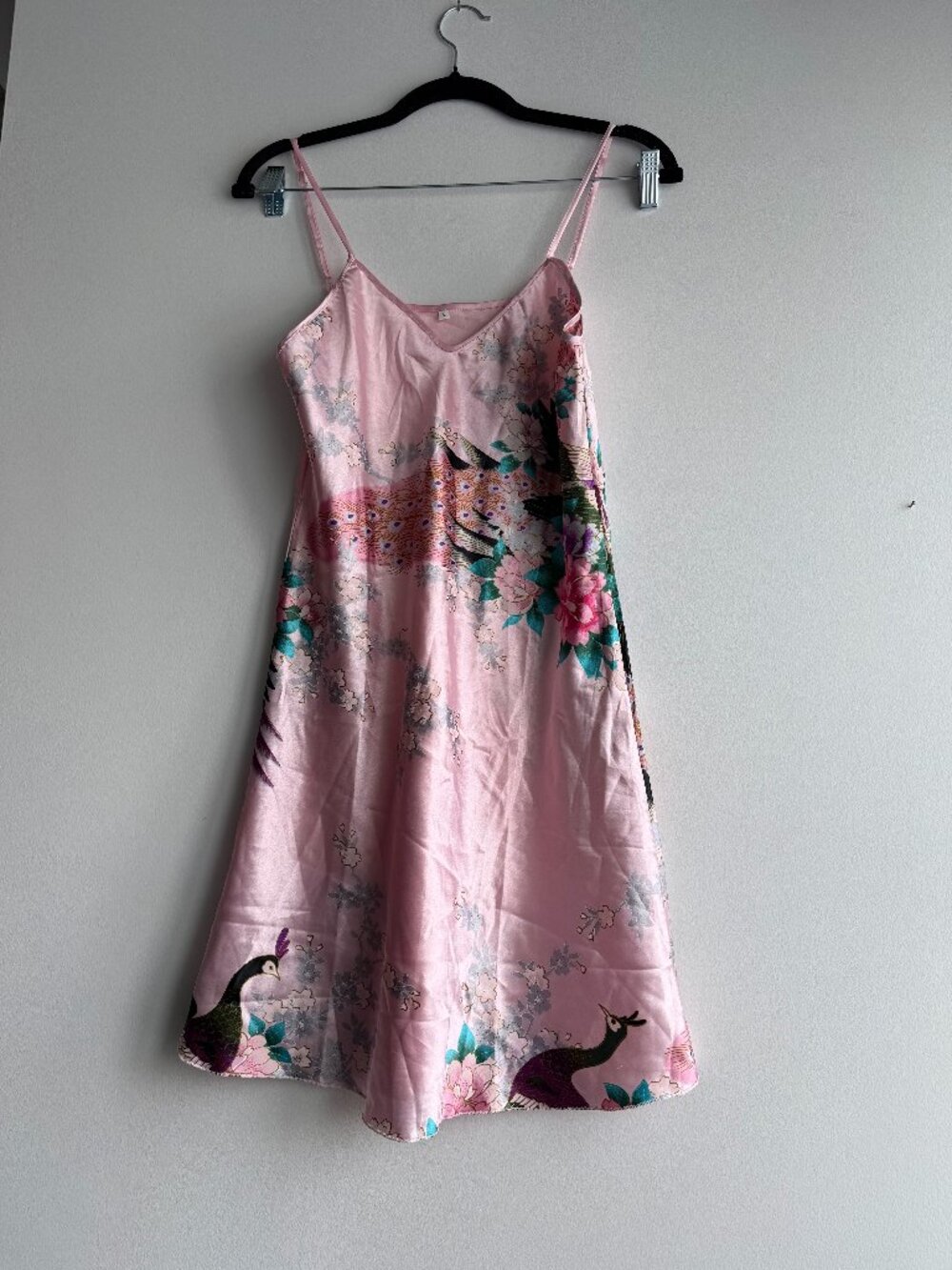 Vintage Small Pink Floral Peacock Y2K Satin Style Sleep Lingerie Slip Dress